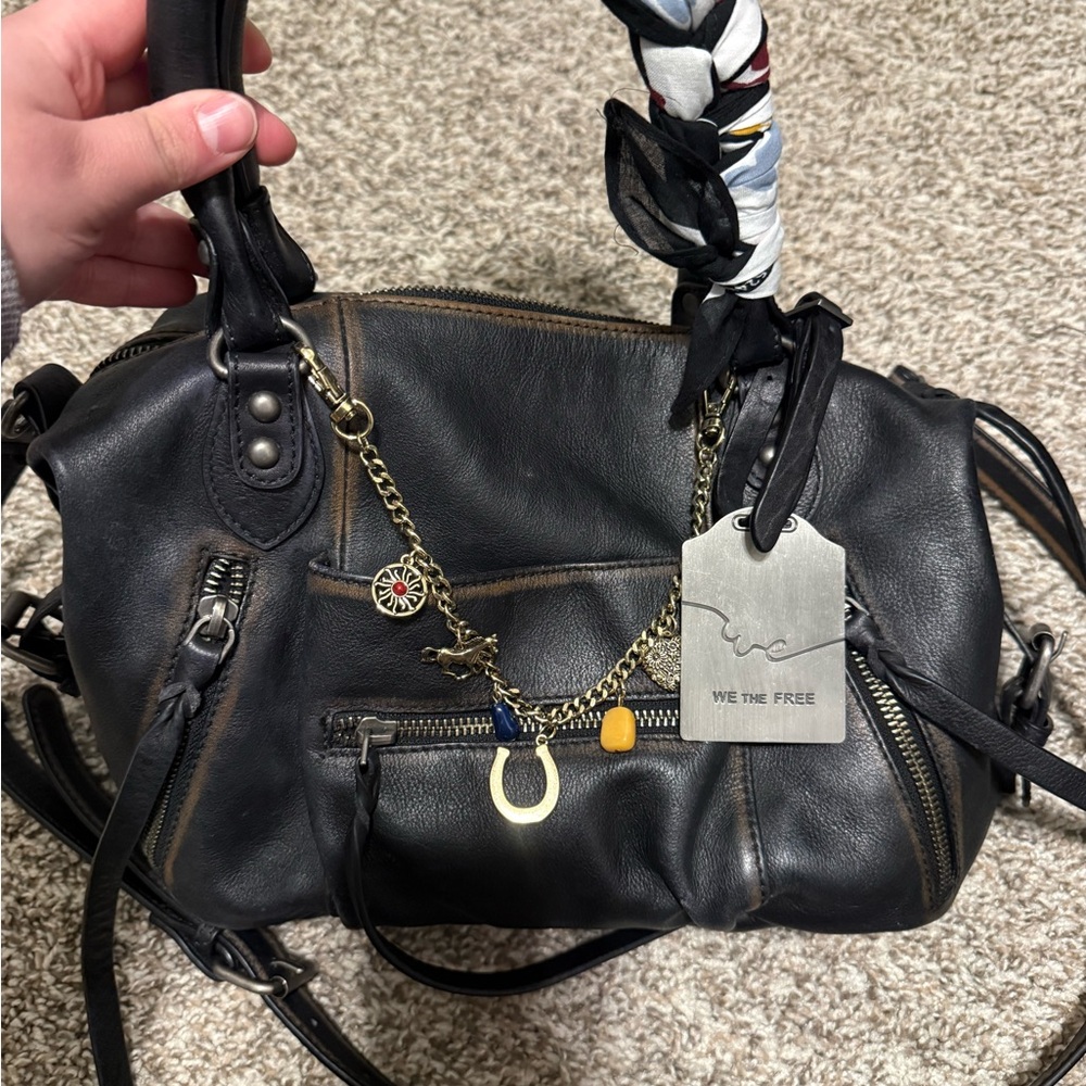 We The Free Black Leather Shoulder Bag with Gold Accents